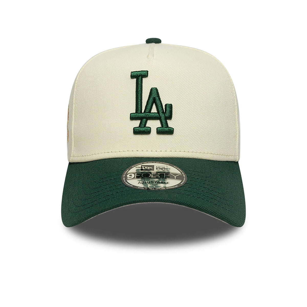 LA Dodgers Chrome White And Dark Green New Era 9FORTY A-Frame Adjustable Cap, front view showing the dark green raised LA logo embroidered on the white front panel, dark green curved visor with a 9FORTY size sticker.