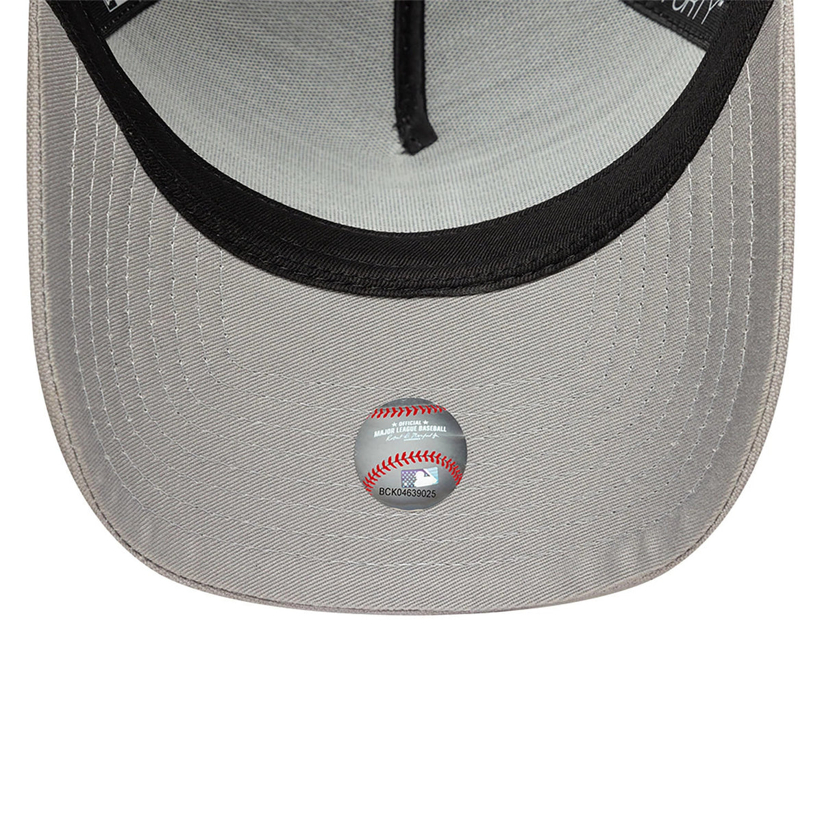 LA Dodgers Essential Pack Grey New Era 9FORTY A-Frame Adjustable Cap, inside view showing a black sweatband, white taping, and the MLB sticker centred on the grey undervisor with detailed stitching along the visor.