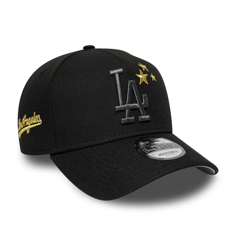 LA Dodgers MLB Cooperstown Black New Era 9FORTY A-Frame Cap, front view showing raised grey LA logo with three gold stars embroidered to the right, a matching gold Los Angeles script on the side, and a 9FORTY size sticker on the black visor.
