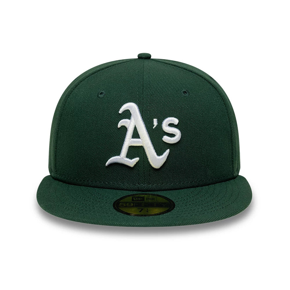 Athletics MLB Dark Green New Era 59FIFTY Fitted Cap, front view showing the white raised embroidered A's logo on the dark green front panel, with a matching flat visor and gold 59FIFTY size sticker on the visor.