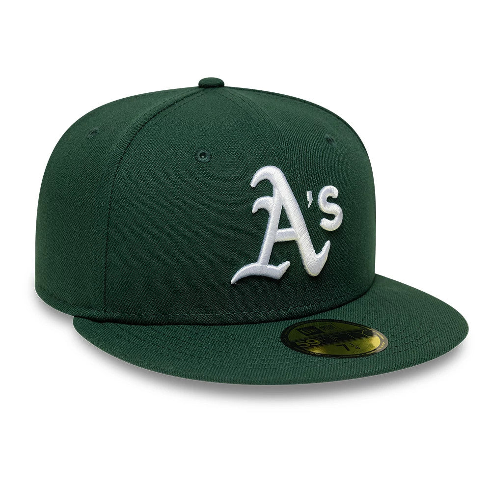 Athletics MLB Dark Green New Era 59FIFTY Fitted Cap, front view showing the white embroidered A's logo on the structured dark green crown, with a flat dark green visor and gold 59FIFTY size sticker on the top.