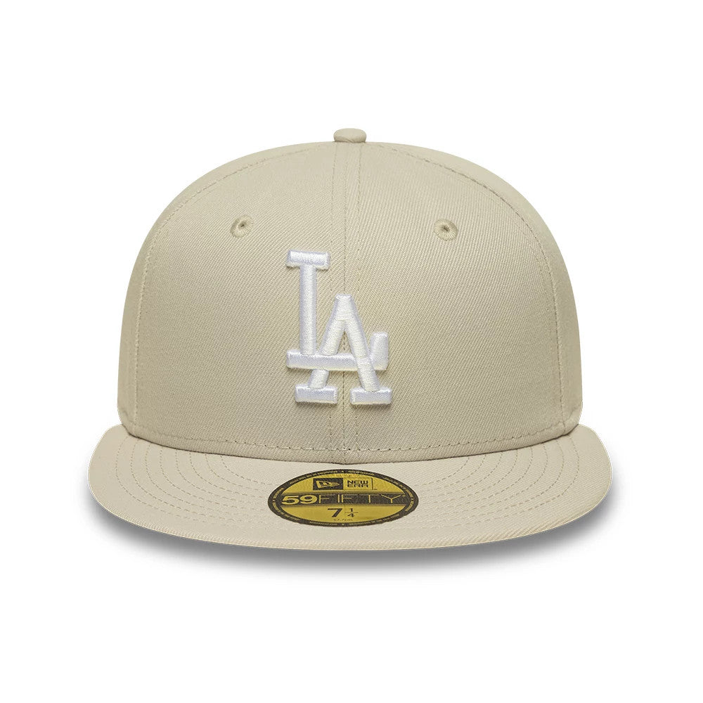 LA Dodgers MLB Beige New Era 59FIFTY Fitted Cap, front view showing the white raised embroidered LA logo on the structured beige crown, with a matching beige visor and a gold 59FIFTY size sticker on the visor.