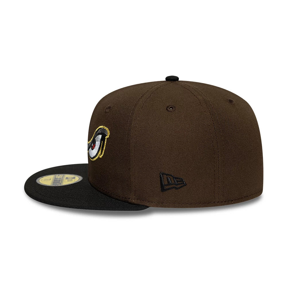 Lake Elsinore Storm MiLB Pinwheel Dark Brown & Black New Era 59FIFTY Fitted Cap, side view showing the embroidered New Era flag logo on the left side of the structured dark brown crown, and a gold 59FIFTY size sticker on the flat black visor.