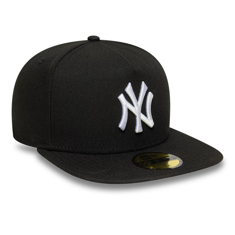 New York Yankees MLB Black New Era 59FIFTY A-Frame Fitted Cap, three-quarter view showing the raised white NY logo embroidered on the front panel, flat black visor with a gold 59FIFTY size sticker, and black top button.