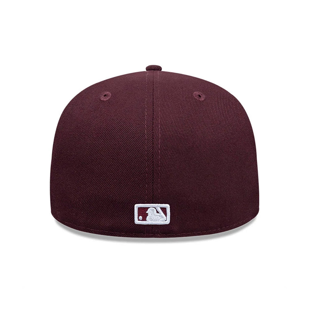 LA Dodgers MLB Dark Purple New Era 59FIFTY Fitted Cap, rear view showing the white embroidered MLB Batterman logo centrally positioned at the bottom of the deep purple structured crown, with matching dark purple eyelets and top button.