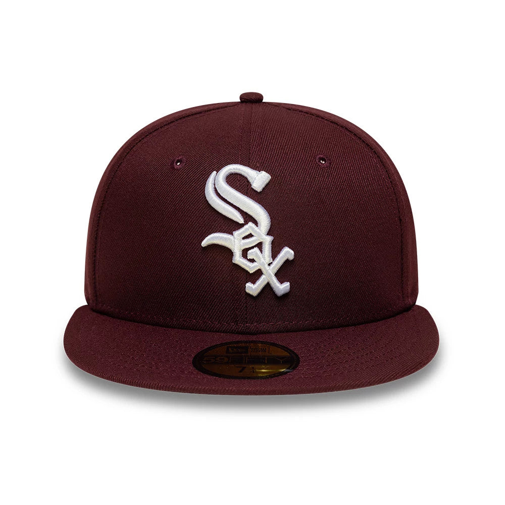 Chicago White Sox MLB Dark Purple New Era 59FIFTY Fitted Cap, front view showing the raised white Sox logo embroidered on the structured dark purple crown, with a matching dark purple flat visor and a gold 59FIFTY size sticker on the visor.