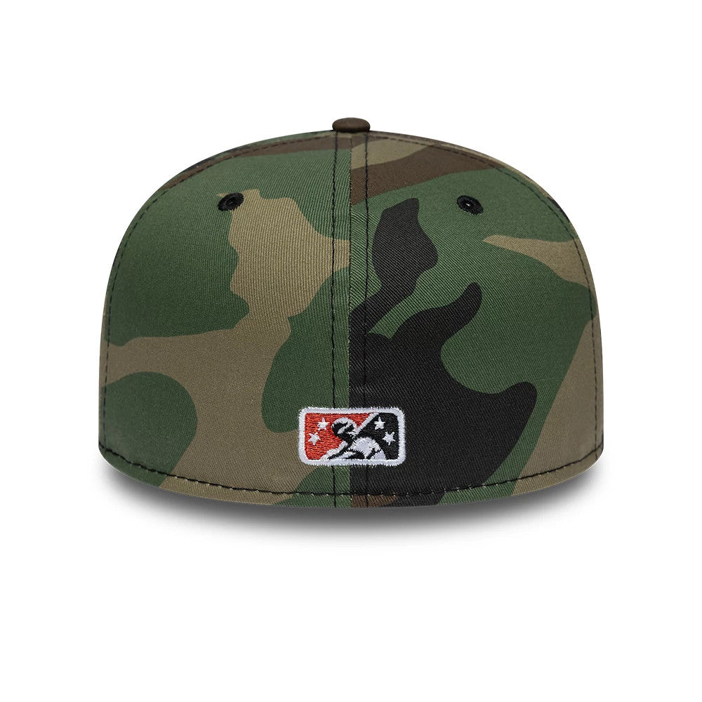 Lake Elsinore Storm MiLB Pinwheel Green New Era 59FIFTY Fitted Cap, rear view showing the embroidered MiLB logo at the centre back, with a camouflaged pattern on the structured crown and black embroidered eyelets.