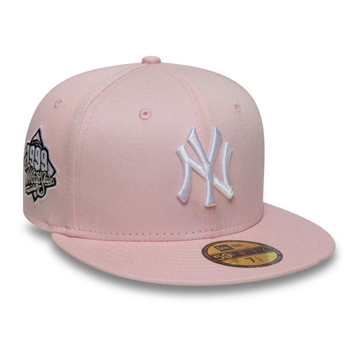 New York Yankees MLB World Series Pink New Era 59FIFTY Fitted Cap, front view showing the raised white embroidered NY logo on the structured pink front panel, a 1999 World Series patch on the left side.
