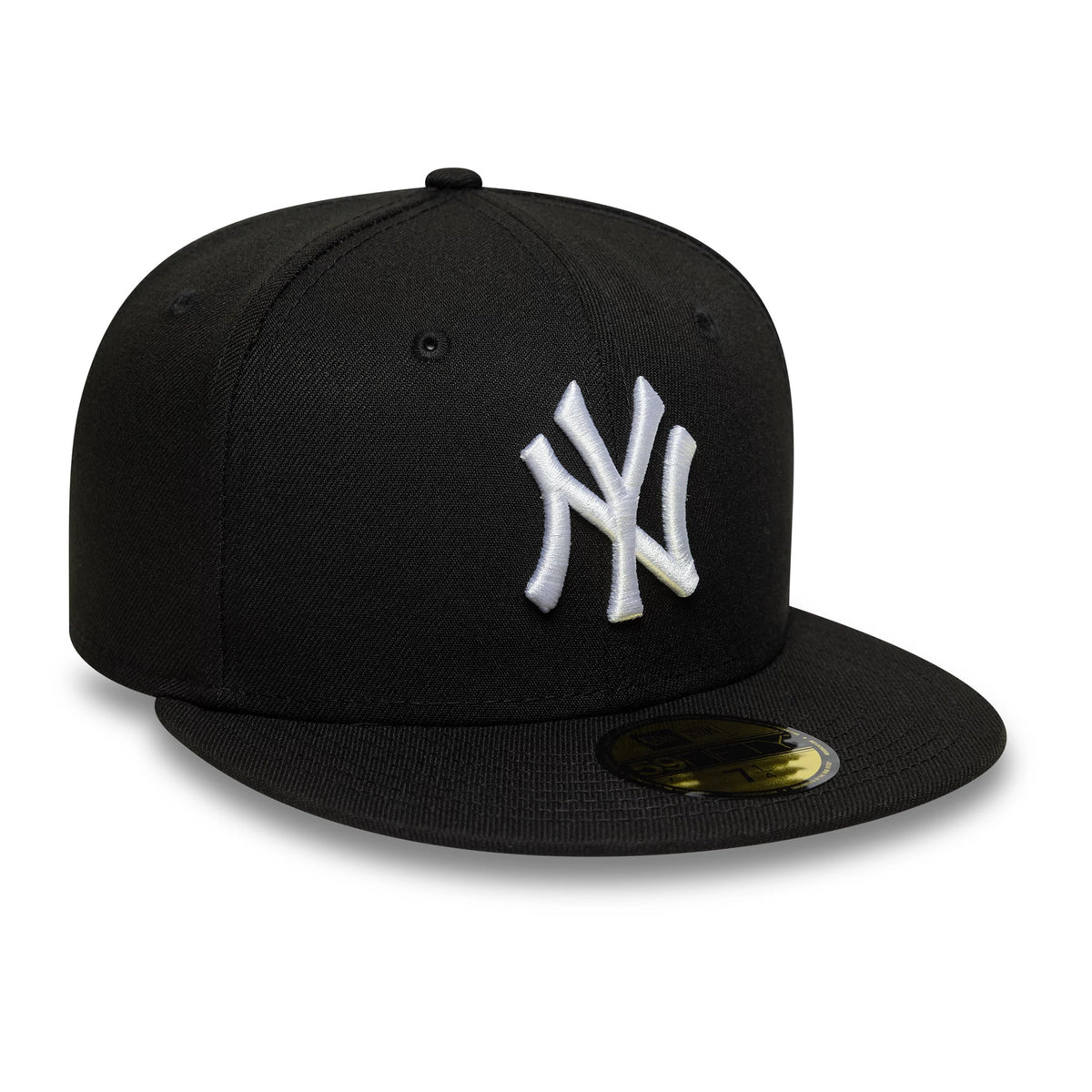 New York Yankees MLB Black New Era 59FIFTY Fitted Cap, three-quarter view showing the raised white embroidered NY logo on the front panel, with a flat black visor and a gold 59FIFTY size sticker on the visor.