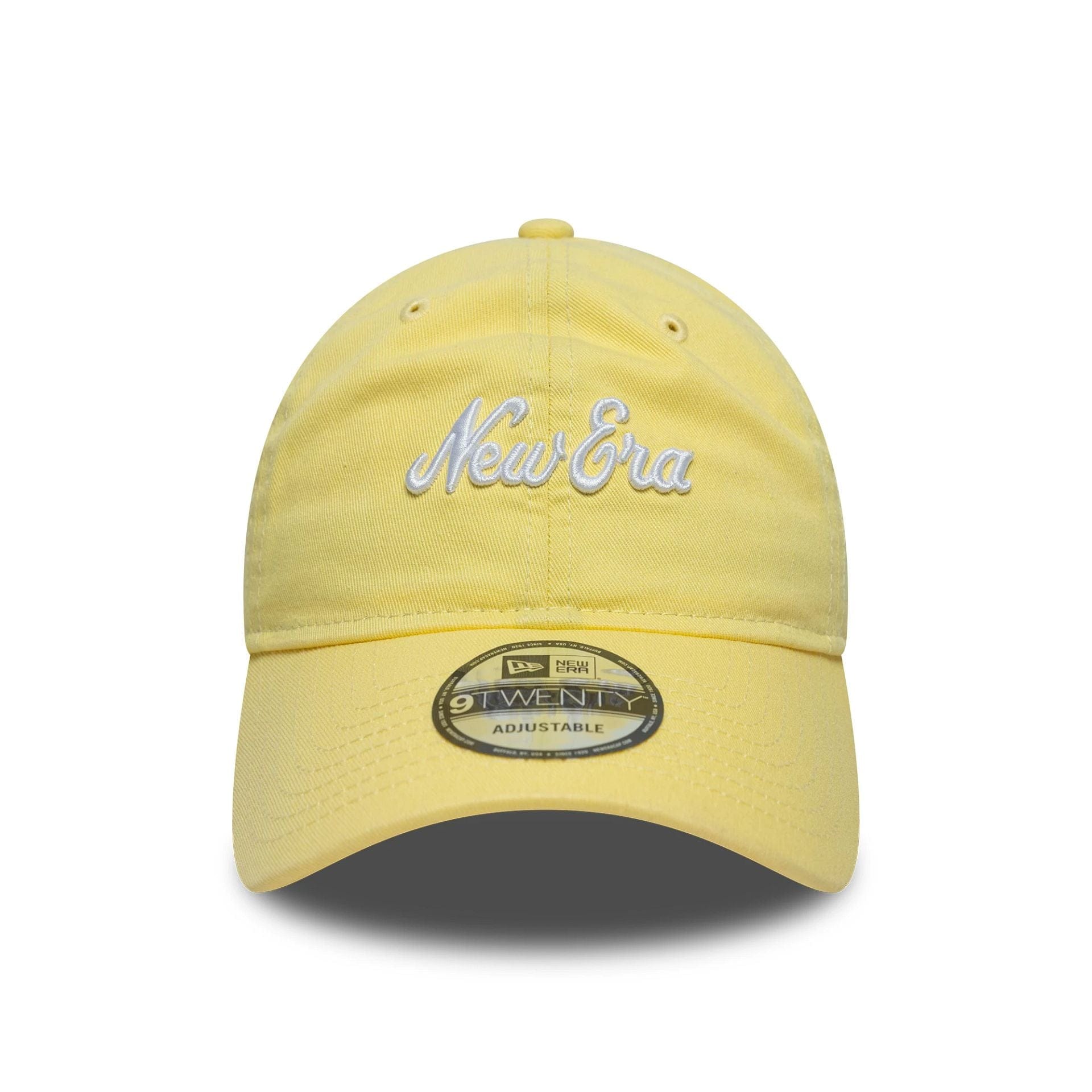 This is a New Era Heritage Script Pastel Yellow 9TWENTY Adjustable Cap 2
