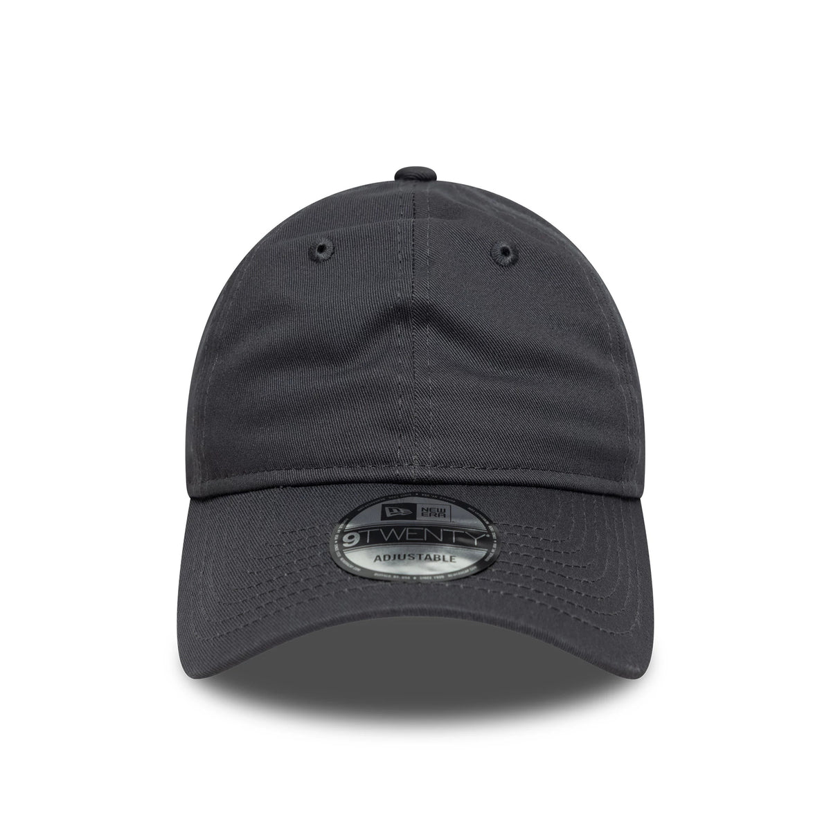 New Era Dark Grey 9TWENTY Adjustable Cap, front view showing a curved visor and black 9TWENTY size sticker, with black embroidered eyelets on the unstructured dark grey crown and a matching top button.