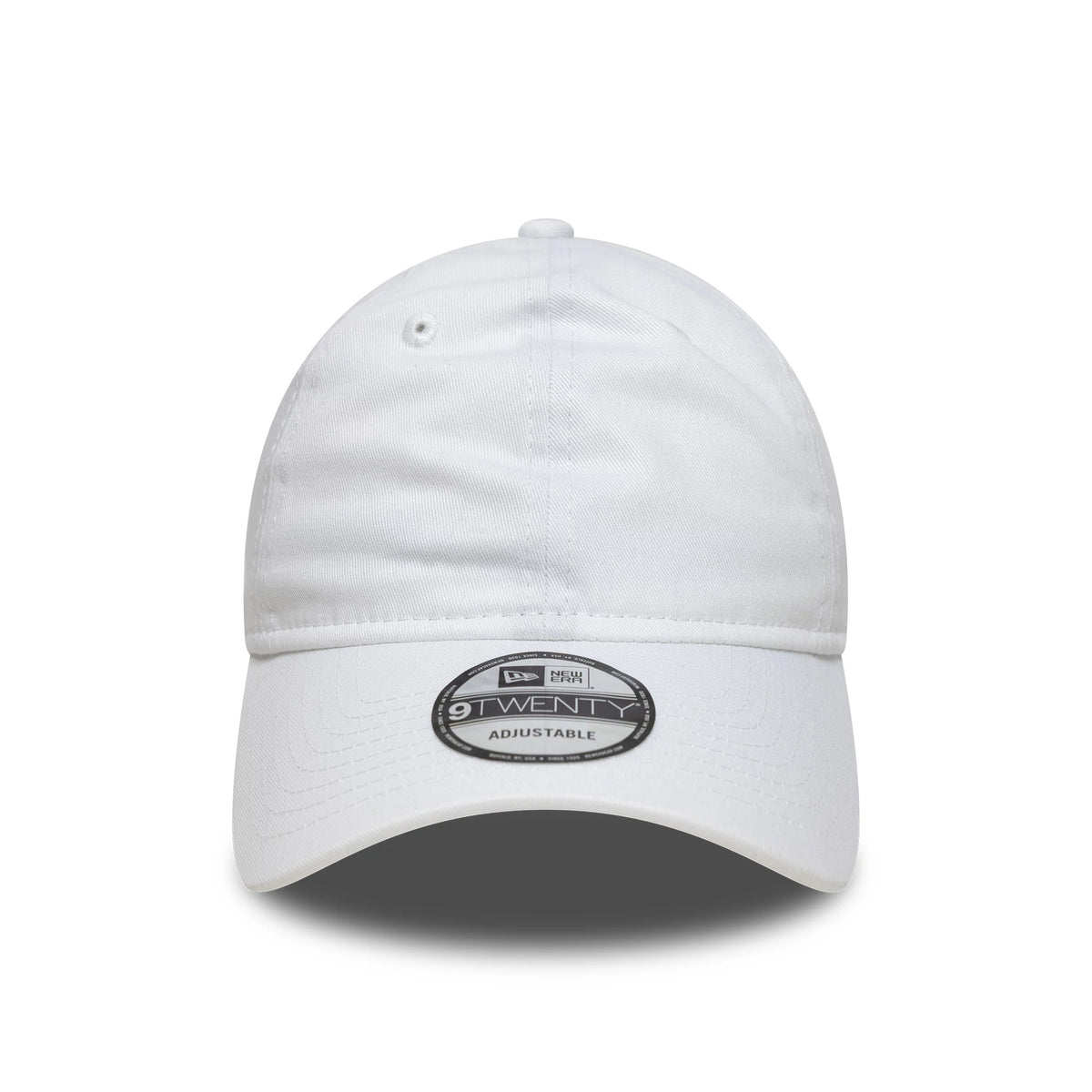 New Era White 9TWENTY Adjustable Cap, front view showing a curved visor with a prominent 9TWENTY size sticker, unstructured white crown with stitching and two small embroidered eyelets for ventilation.
