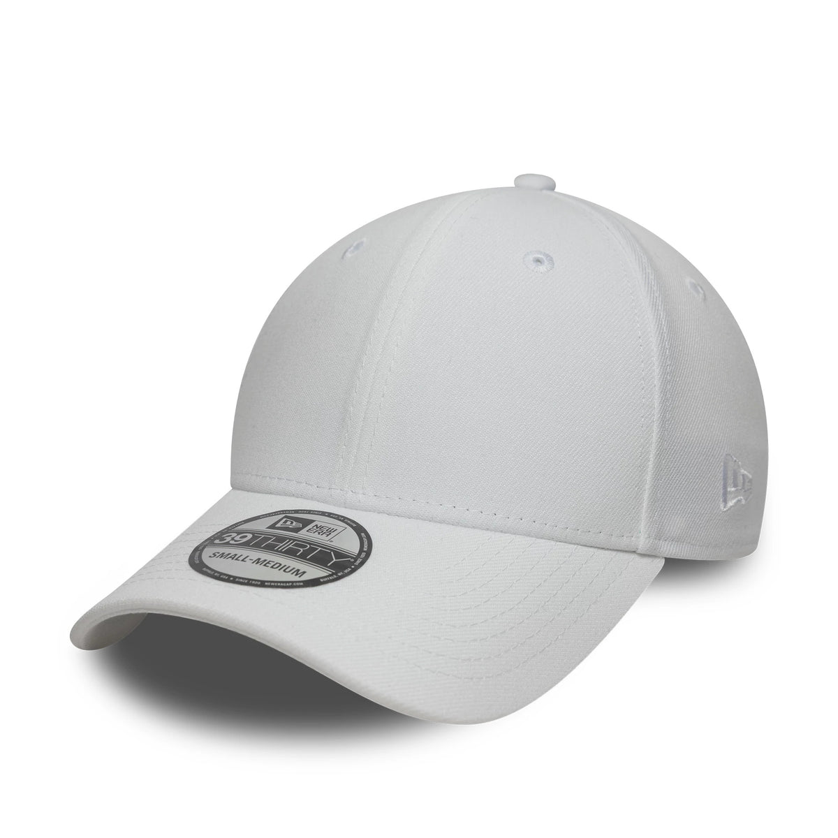 New Era White 39THIRTY Stretch Fit Cap, three-quarter view showing the white embroidered New Era flag logo on the left side of the structured white crown, with a grey 39THIRTY size sticker on the slightly curved visor and matching white eyelets.