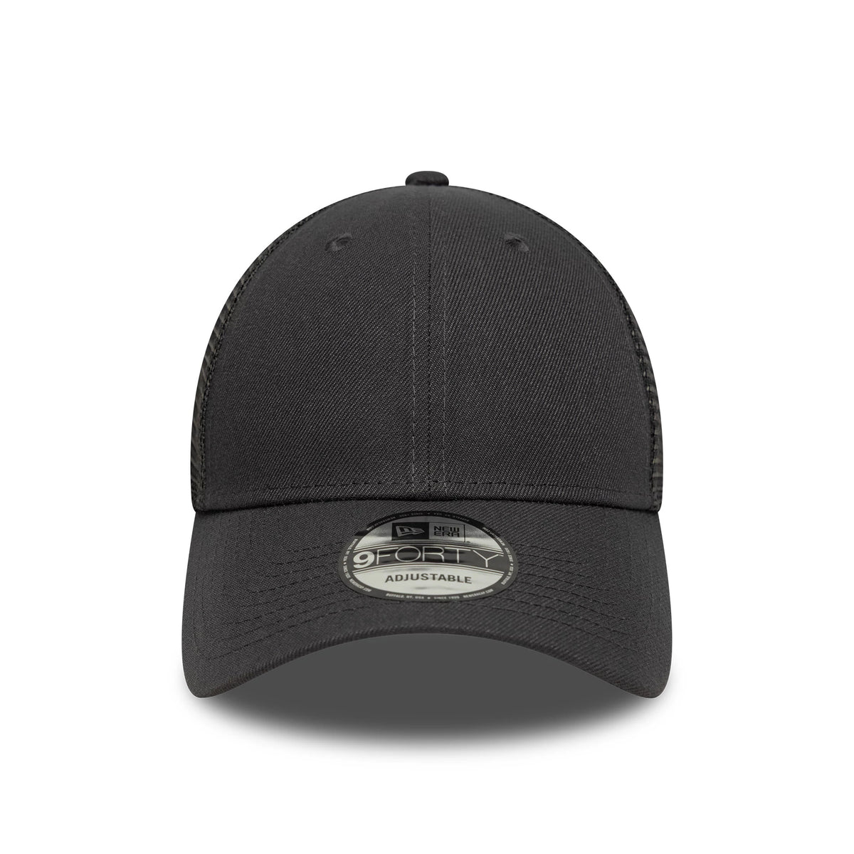 New Era Grey 9FORTY Trucker Adjustable Cap, front view showing a curved visor with a 9FORTY size sticker, structured crown with two eyelets, and mesh side panels for a classic trucker style look.