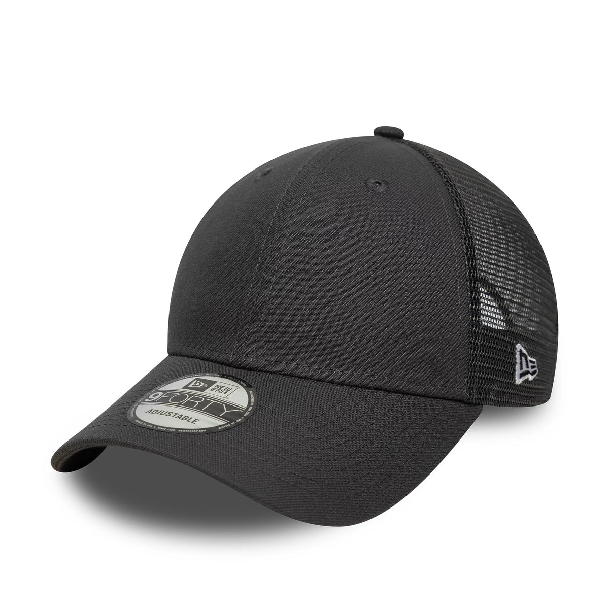 New Era Grey 9FORTY Trucker Adjustable Cap, three-quarter view showing a black mesh back panel with a New Era flag logo on the left side, a grey structured crown, and a curved visor with a 9FORTY size sticker on the top.