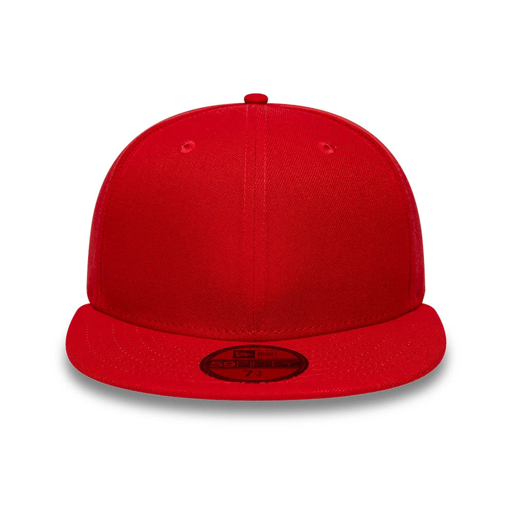 New Era Red 59FIFTY Fitted Cap, front view showing the red flat visor with a centred gold 59FIFTY size sticker, and a structured high crown featuring matching embroidered eyelets and a top button.