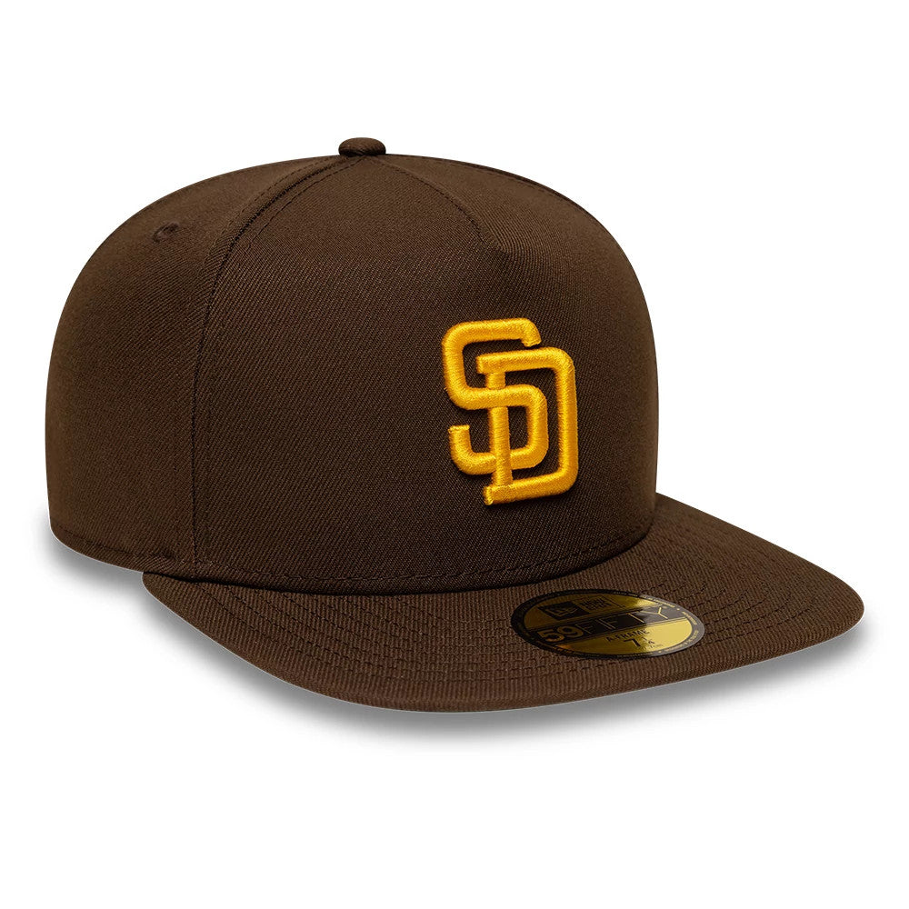 San Diego Padres MLB Dark Brown New Era 59FIFTY A-Frame Fitted Cap, three-quarter view showing the raised yellow embroidered SD logo on the front panel, a dark brown flat visor with a gold 59FIFTY size sticker, and a matching top button.