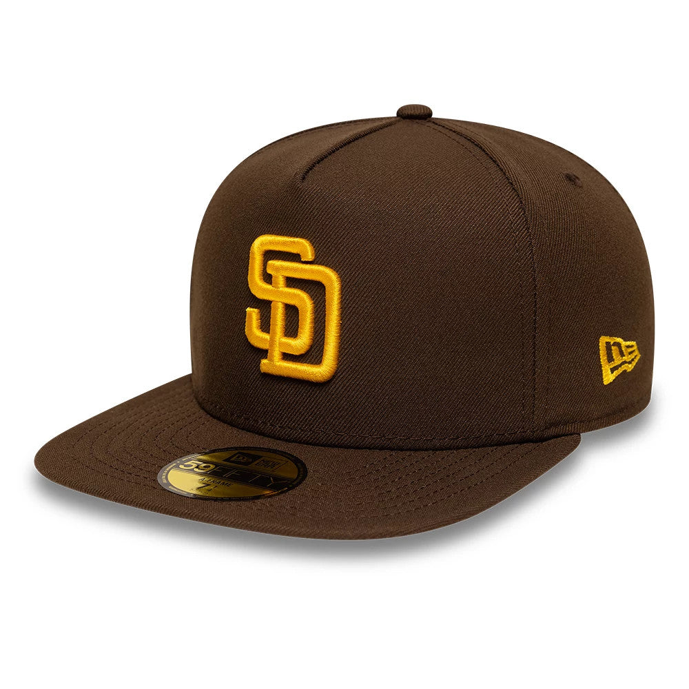 San Diego Padres MLB Dark Brown New Era 59FIFTY A-Frame Fitted Cap, three-quarter view showing the raised yellow embroidered SD logo on the front panel, dark brown flat visor with gold 59FIFTY size sticker.