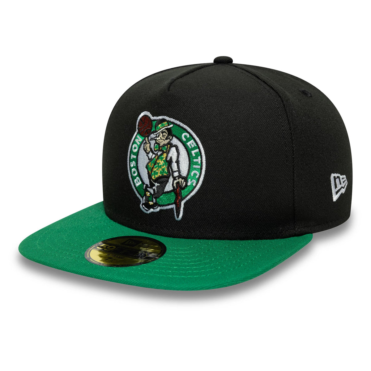 Boston Celtics NBA Flat Black & Green New Era 59FIFTY A-Frame Fitted Cap, three-quarter view showing the detailed embroidered Celtics mascot logo on the front panel, a green flat visor with a gold 59FIFTY size sticker.