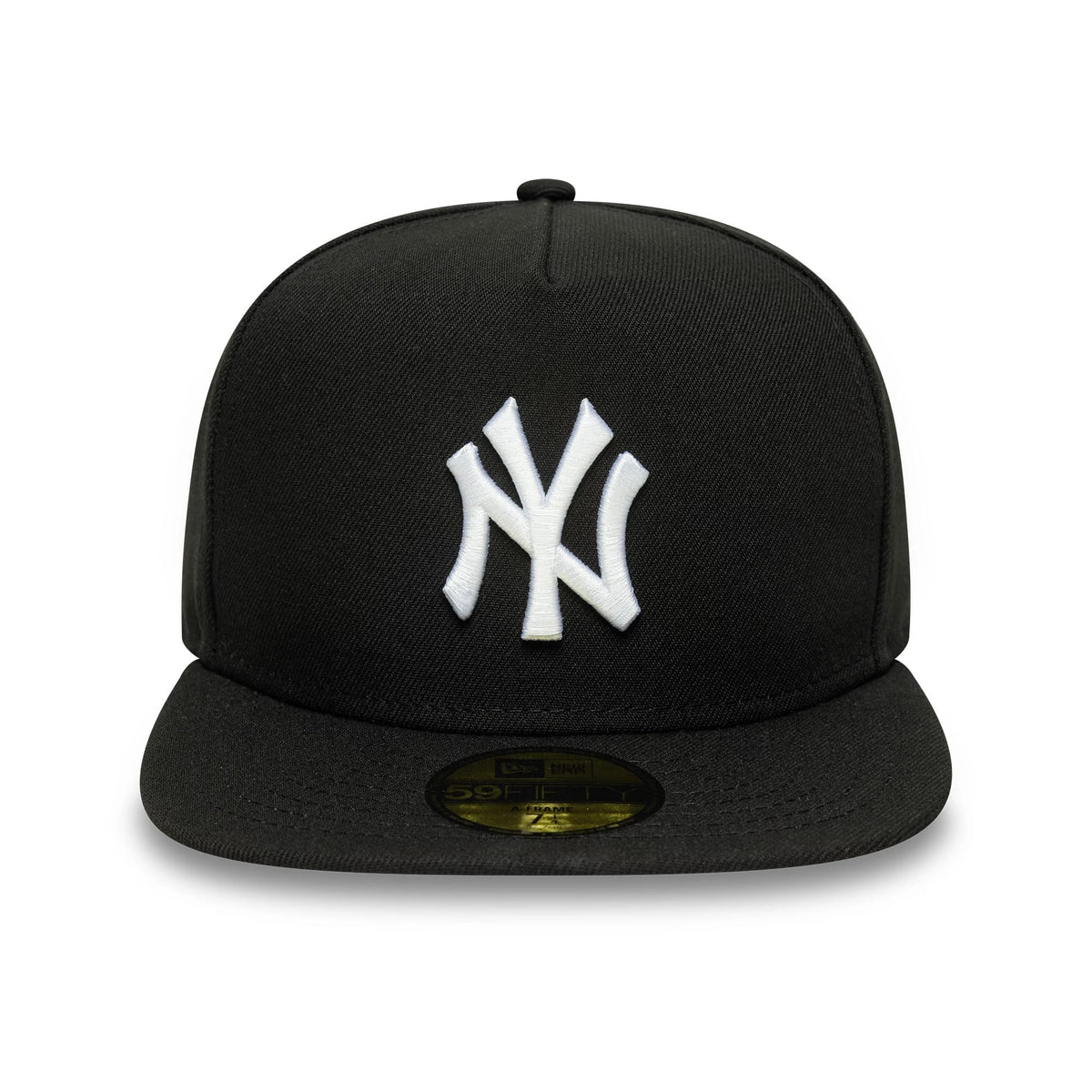 New York Yankees MLB Flat Black New Era 59FIFTY A-Frame Fitted Cap, front view showing the raised white NY Yankees logo embroidered on the structured black crown, flat black visor beneath, and gold 59FIFTY size sticker positioned on the visor.