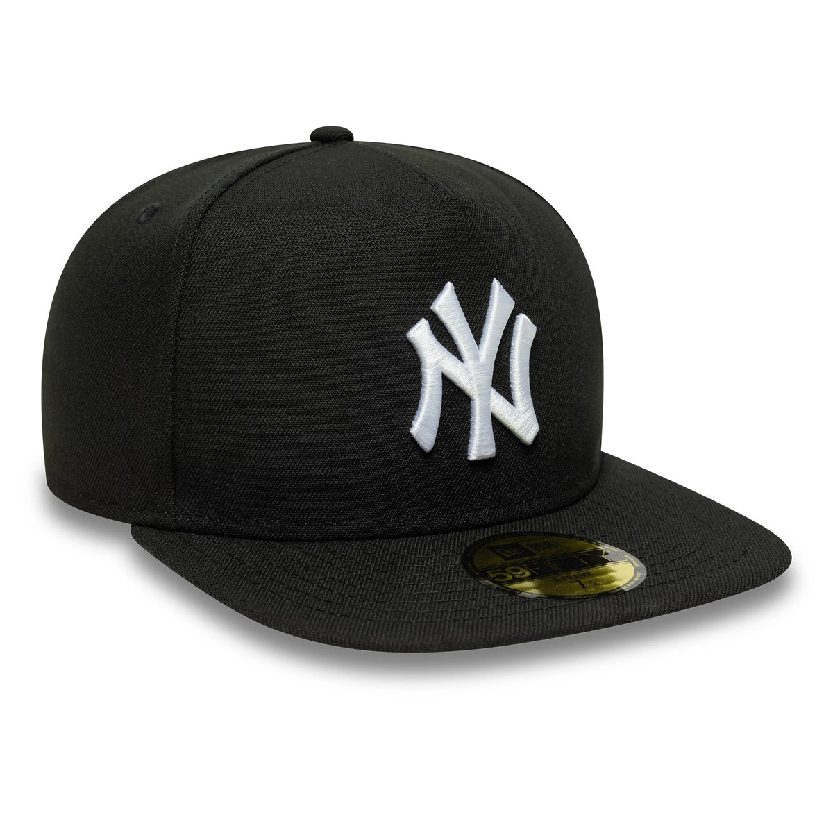 New York Yankees MLB Flat Black New Era 59FIFTY A-Frame Fitted Cap, three-quarter view showing the white raised embroidered NY logo on the front panel, with a flat black visor and a gold 59FIFTY size sticker on the visor.
