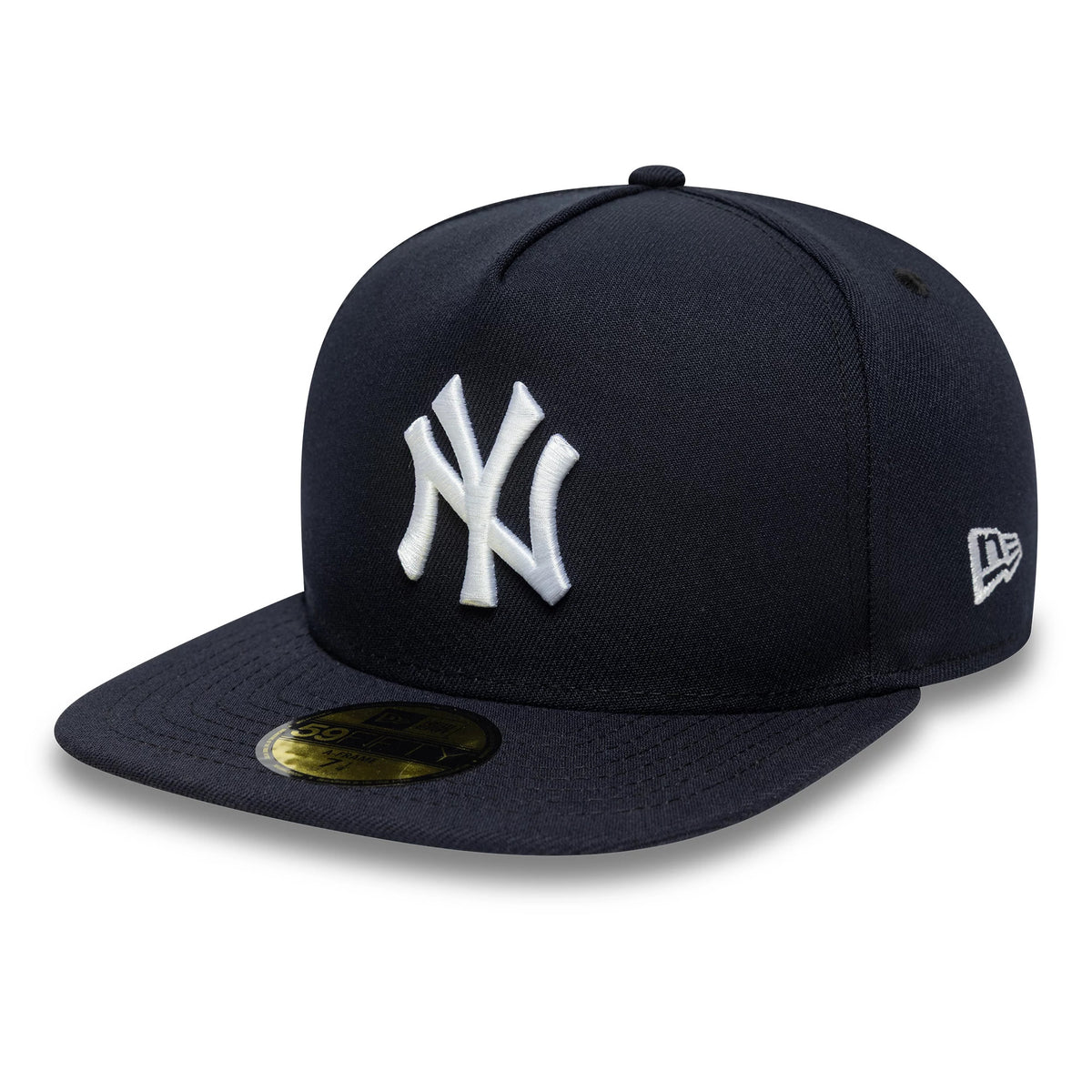 New York Yankees MLB Flat Navy New Era 59FIFTY A-Frame Fitted Cap, front view showing the prominent white raised embroidered NY logo on the structured navy crown, with a matching navy flat visor and a gold 59FIFTY size sticker on the visor.