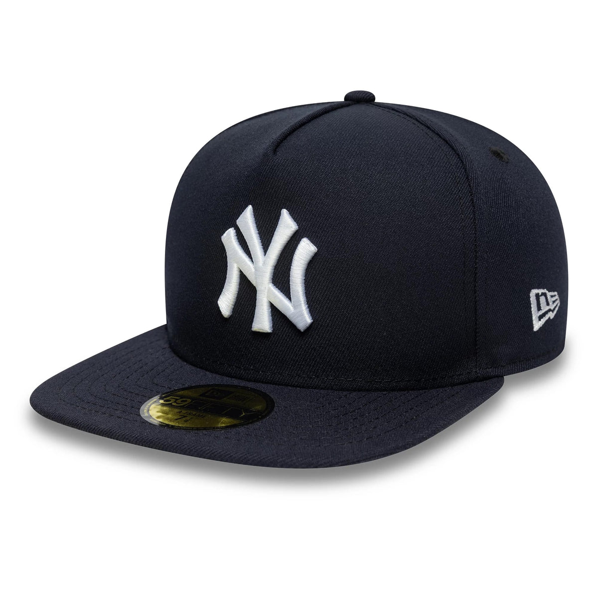 New York Yankees MLB Flat Navy New Era 59FIFTY A-Frame Fitted Cap, front view showing the prominent white raised embroidered NY logo on the structured navy crown, with a matching navy flat visor and a gold 59FIFTY size sticker on the visor.