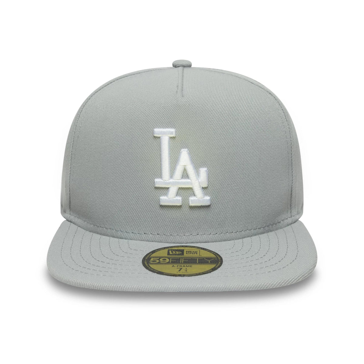 LA Dodgers MLB Flat Grey New Era 59FIFTY A-Frame Fitted Cap, front view showing a raised white LA logo embroidered on the front panel, a flat grey visor, and a gold 59FIFTY size sticker centred on the visor.