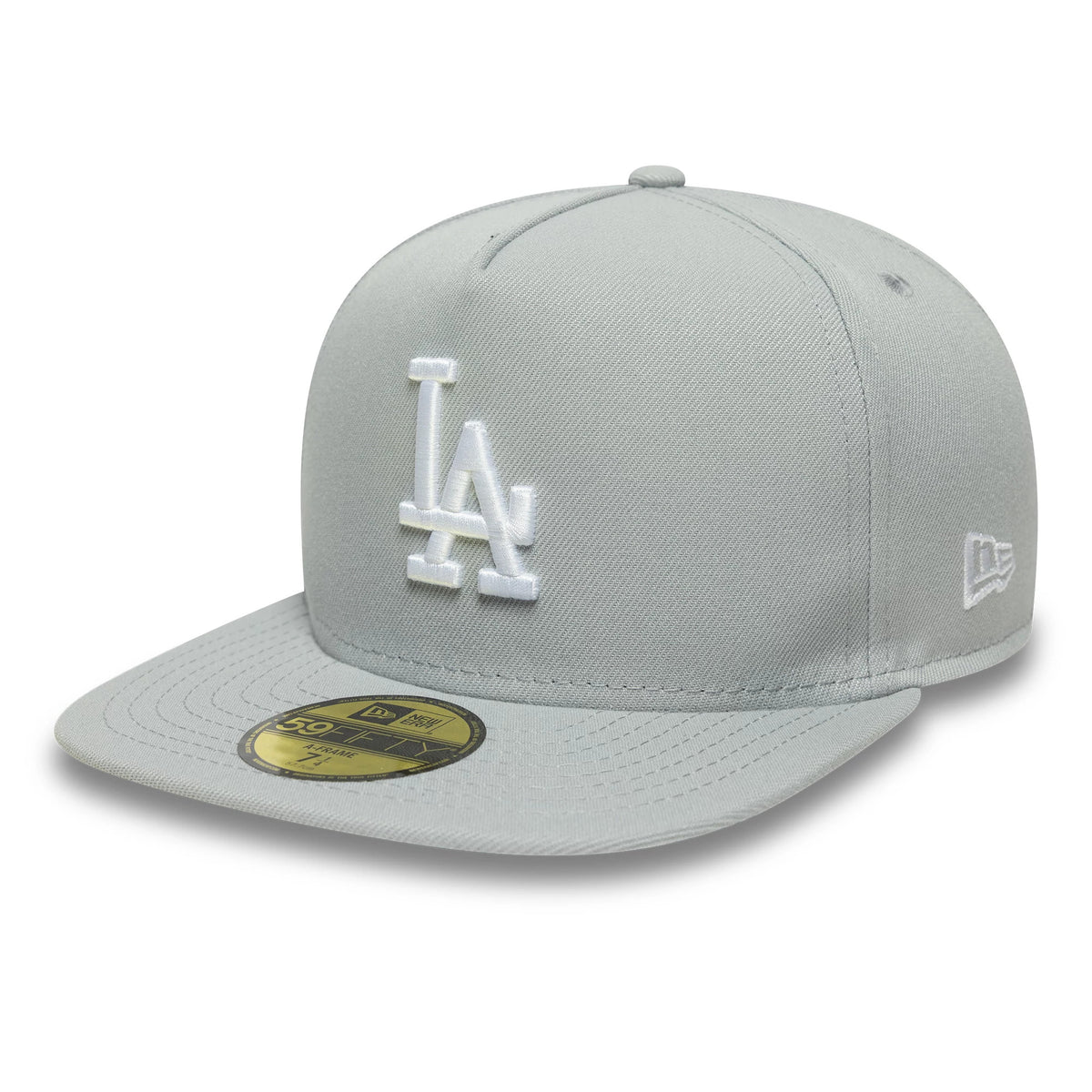 LA Dodgers MLB Flat Grey New Era 59FIFTY A-Frame Fitted Cap, three-quarter view showing the white raised LA logo on the front panel, flat grey visor with a gold 59FIFTY size sticker, and the embroidered New Era flag logo on the left side.