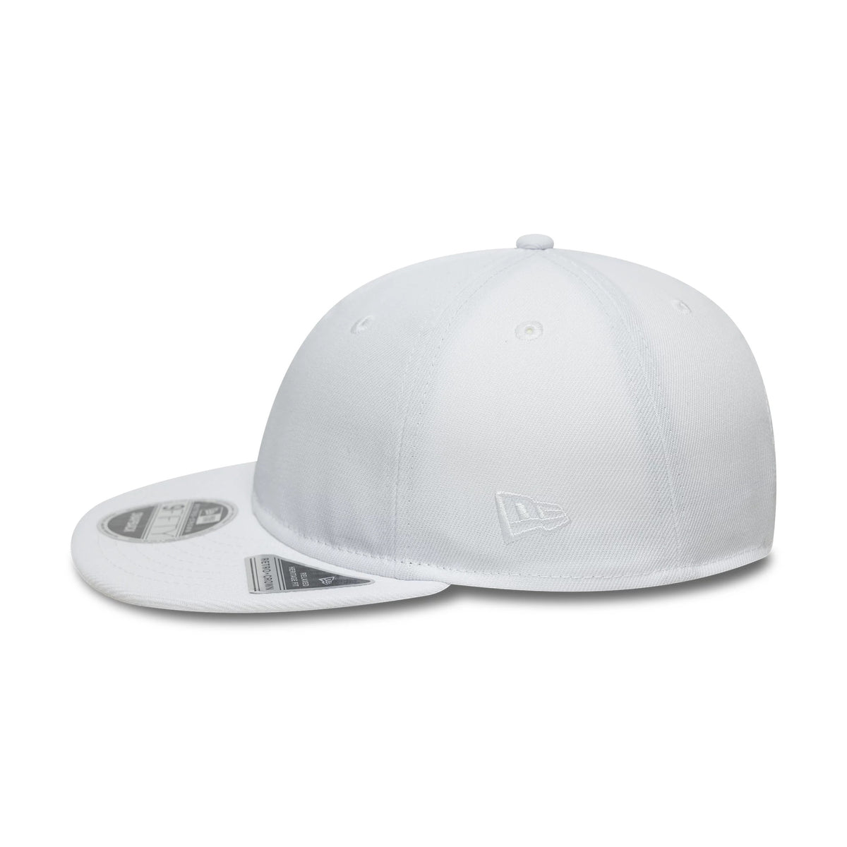 New Era White Retro Crown 9FIFTY Snapback Adjustable Cap, side view showing the embroidered New Era flag logo on the left side, flat white visor with a 9FIFTY size sticker, and a top button matching the white crown.