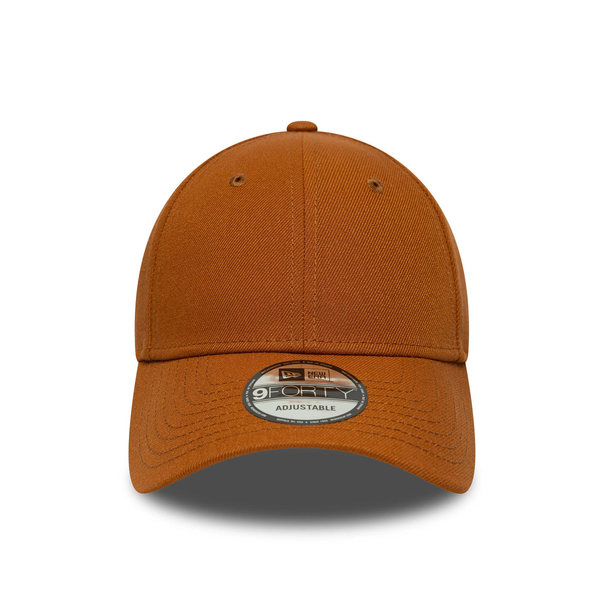 New Era Brown 9FORTY Adjustable Cap, front view showing a structured brown crown with brown eyelets, a matching curved visor, and a 9FORTY size sticker prominently placed at the centre of the visor.