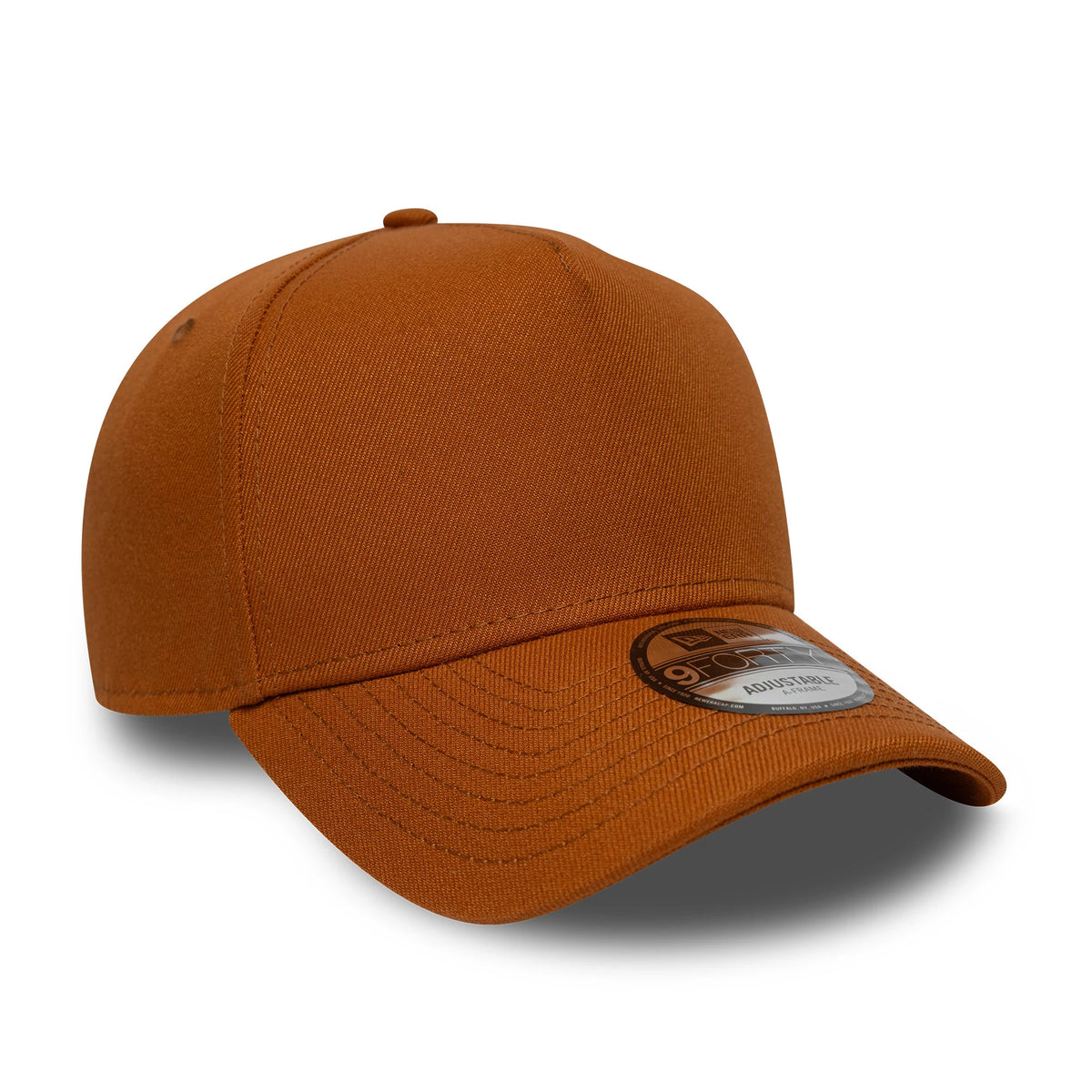 New Era Brown 9FORTY A-Frame Adjustable Cap, three-quarter view showing the curved visor with a 9FORTY size sticker, unadorned front panel, and structured crown; the brown colour adds a warm, earthy tone to the classic design.