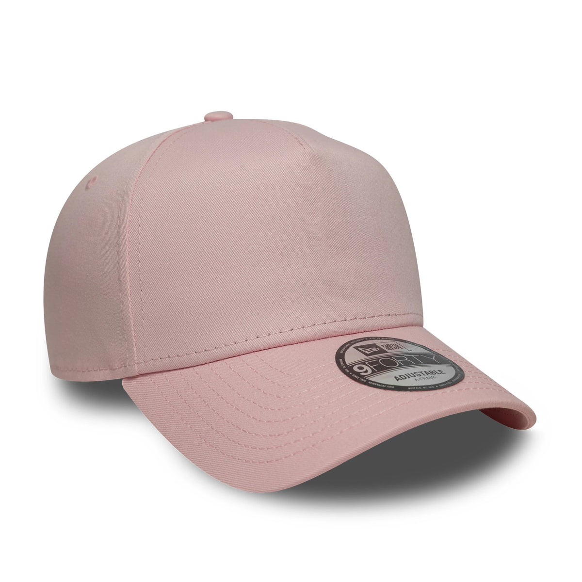 New Era Pink 9FORTY A-Frame Adjustable Cap, three-quarter view showing the pink structured crown, a matching curved pink visor, and the prominent 9FORTY size sticker on the right side of the visor edge.