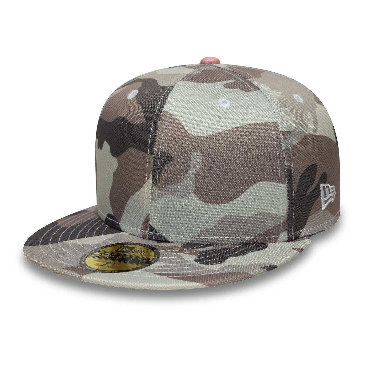 New Era Camo 59FIFTY Fitted Cap, front view showing a raised embroidered white New Era flag logo on the left side, a camo-patterned structured crown, and a flat camo visor with a gold 59FIFTY size sticker on top.