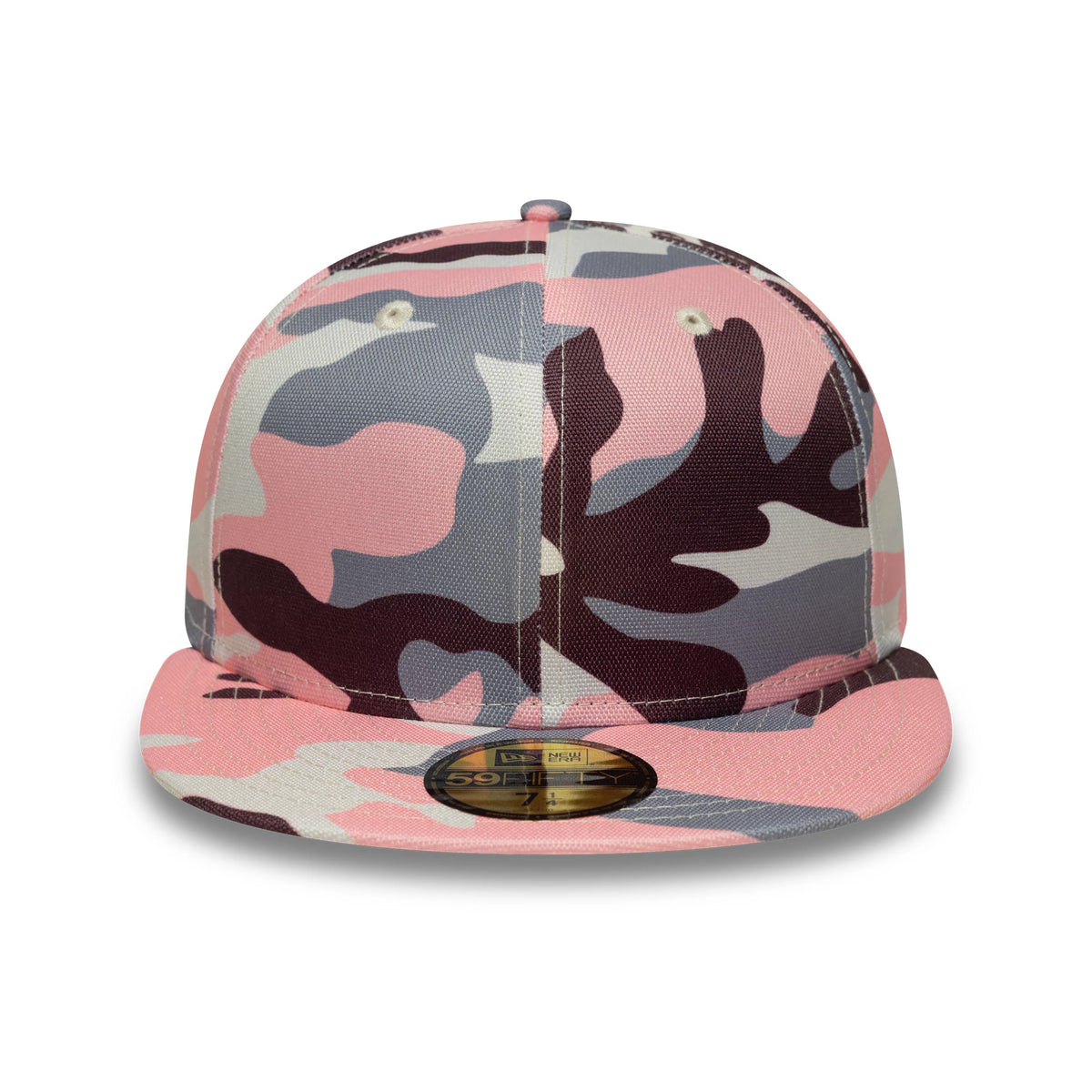 New Era Pink Camo 59FIFTY Fitted Cap, front view showing a pink camouflage pattern across the structured panels, a flat pink visor, and a gold 59FIFTY size sticker centrally placed on the visor.