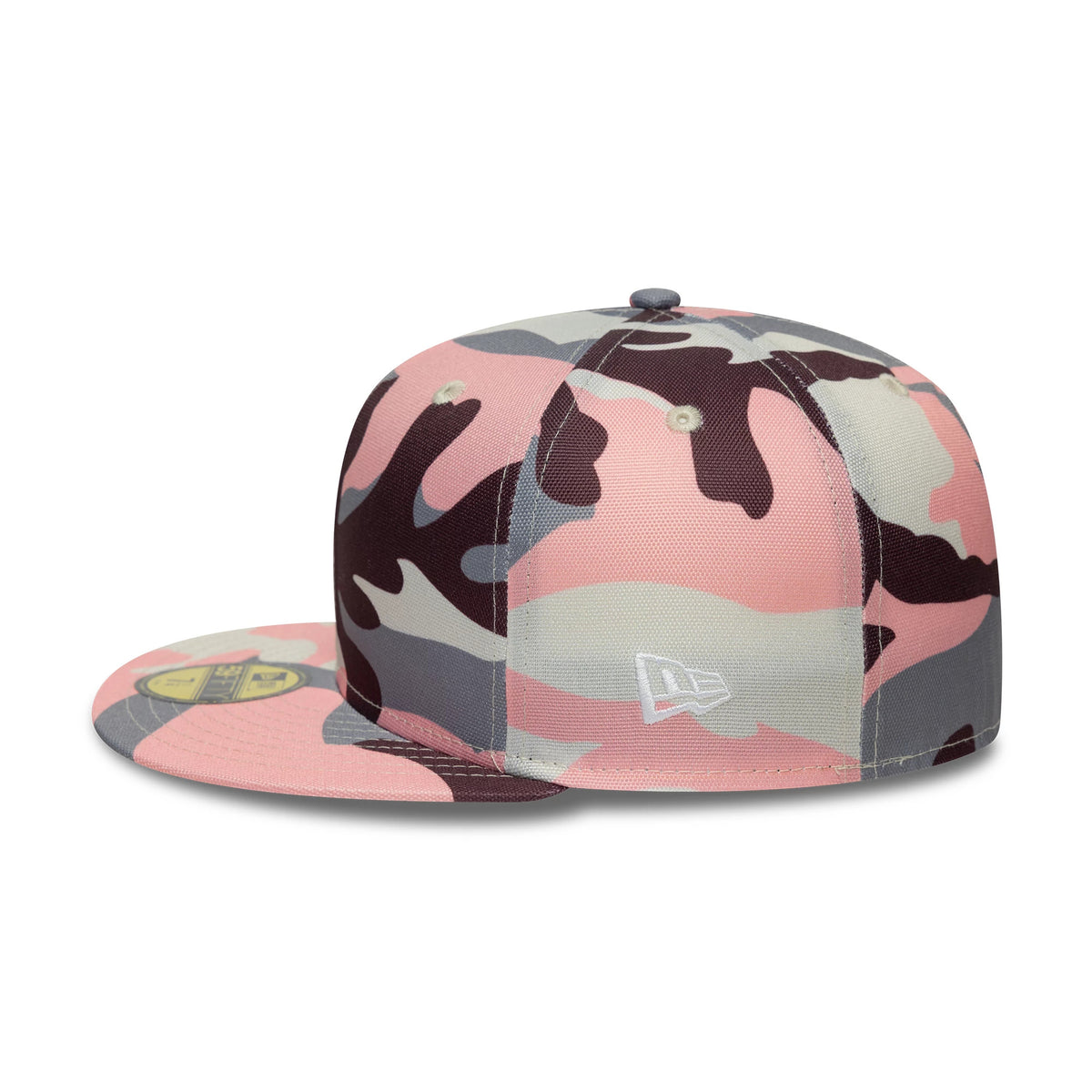 New Era Pink Camo 59FIFTY Fitted Cap, side view showing the white embroidered New Era flag logo on the left side, with a pink and grey camouflage pattern across the structured crown and flat visor, featuring a gold 59FIFTY size sticker on the visor.