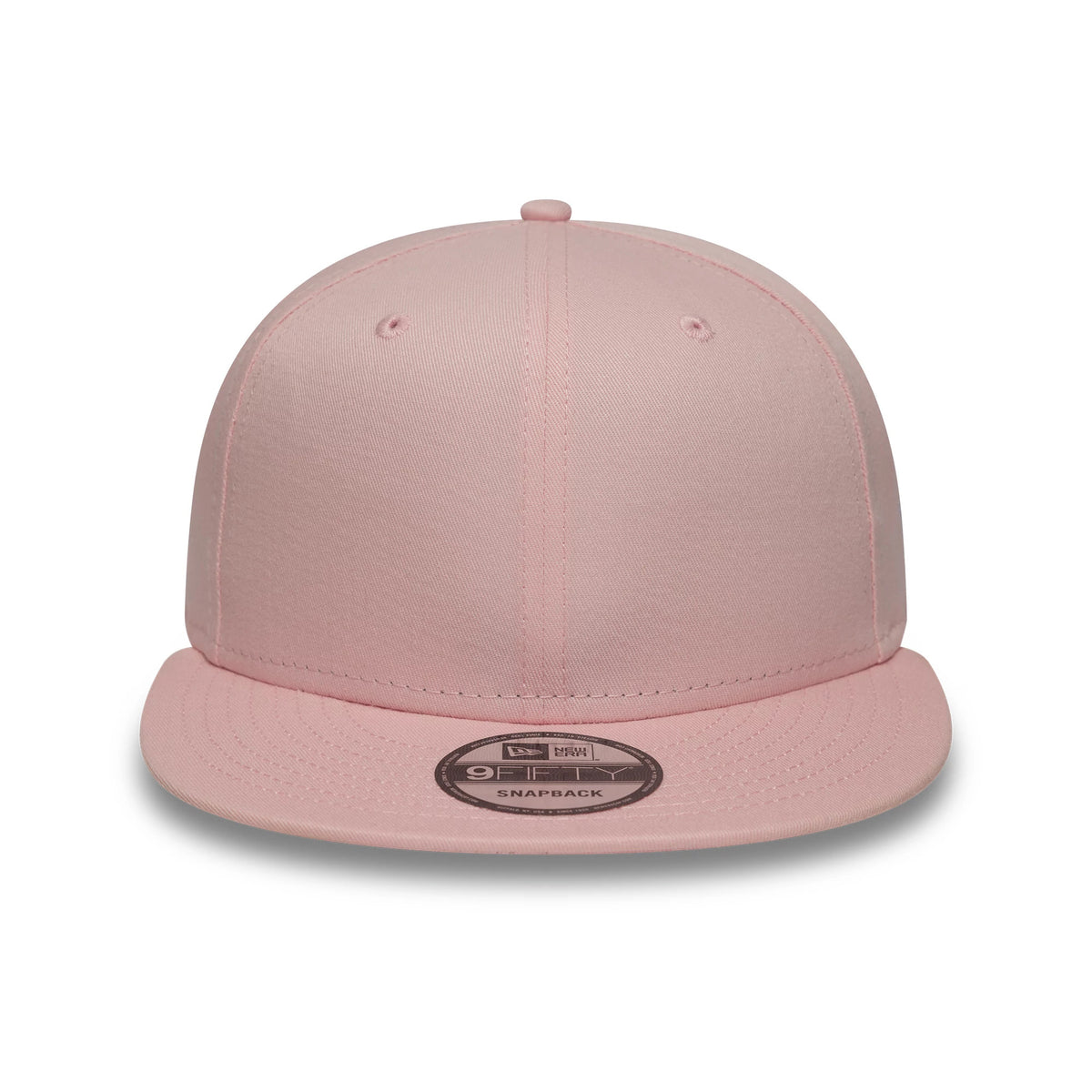 New Era Pink 9FIFTY Snapback Adjustable Cap, front view showing the pink tone across the structured crown with embroidered eyelets, a matching flat visor, and a New Era 9FIFTY size sticker on the visor.