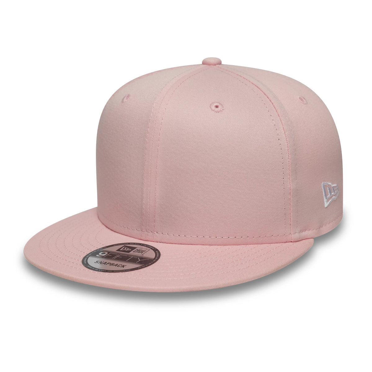 New Era Pink 9FIFTY Snapback Adjustable Cap, three-quarter view showing the white embroidered New Era flag logo on the left side, complemented by a structured pink crown and matching flat visor with a prominent 9FIFTY size sticker.