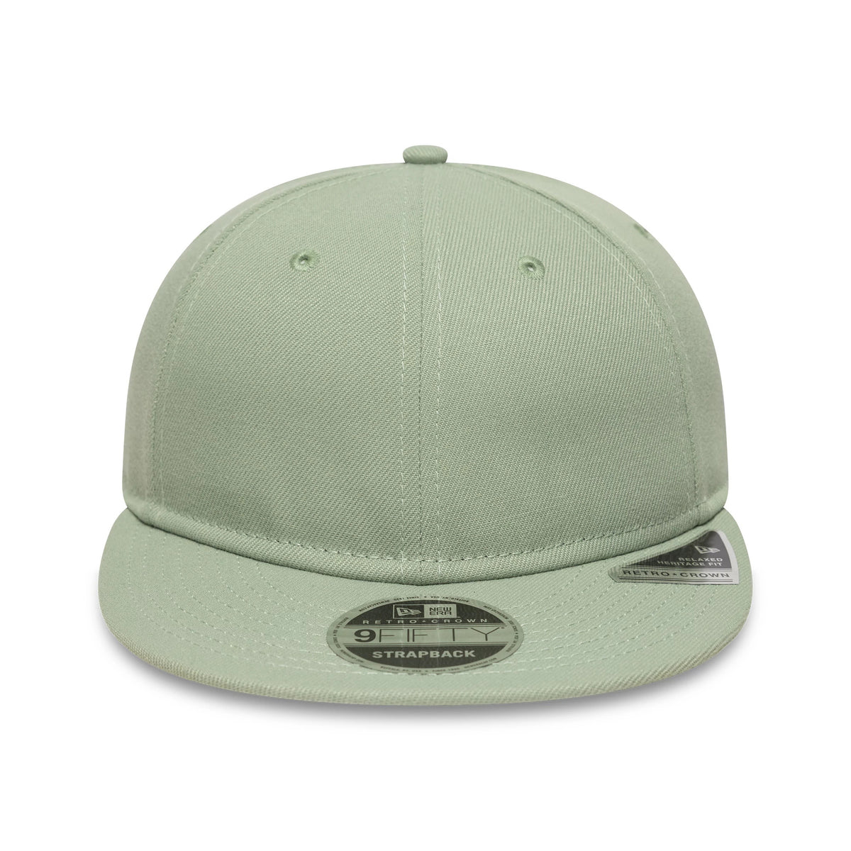 New Era Green Retro Crown 9FIFTY Snapback Adjustable Cap, front view showing a structured green crown with embroidered eyelets, a matching flat visor, and a 9FIFTY size sticker applied to the centre of the visor.
