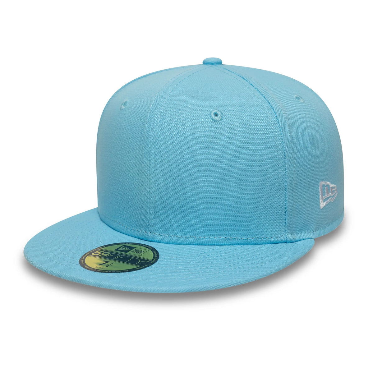 New Era Pastel Blue 59FIFTY Fitted Cap, three-quarter view showing a flat pastel blue visor with a gold 59FIFTY size sticker, structured crown with matching eyelets and top button, and an embroidered white New Era flag logo on the left side.