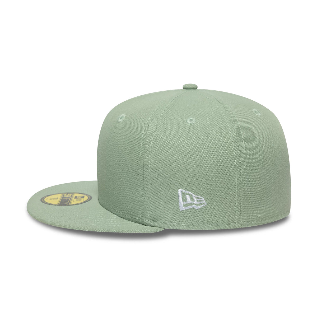 New Era Green 59FIFTY Fitted Cap, side view showing the white embroidered New Era flag logo on the left side, with a flat green visor and a gold 59FIFTY size sticker on the top of the visor.