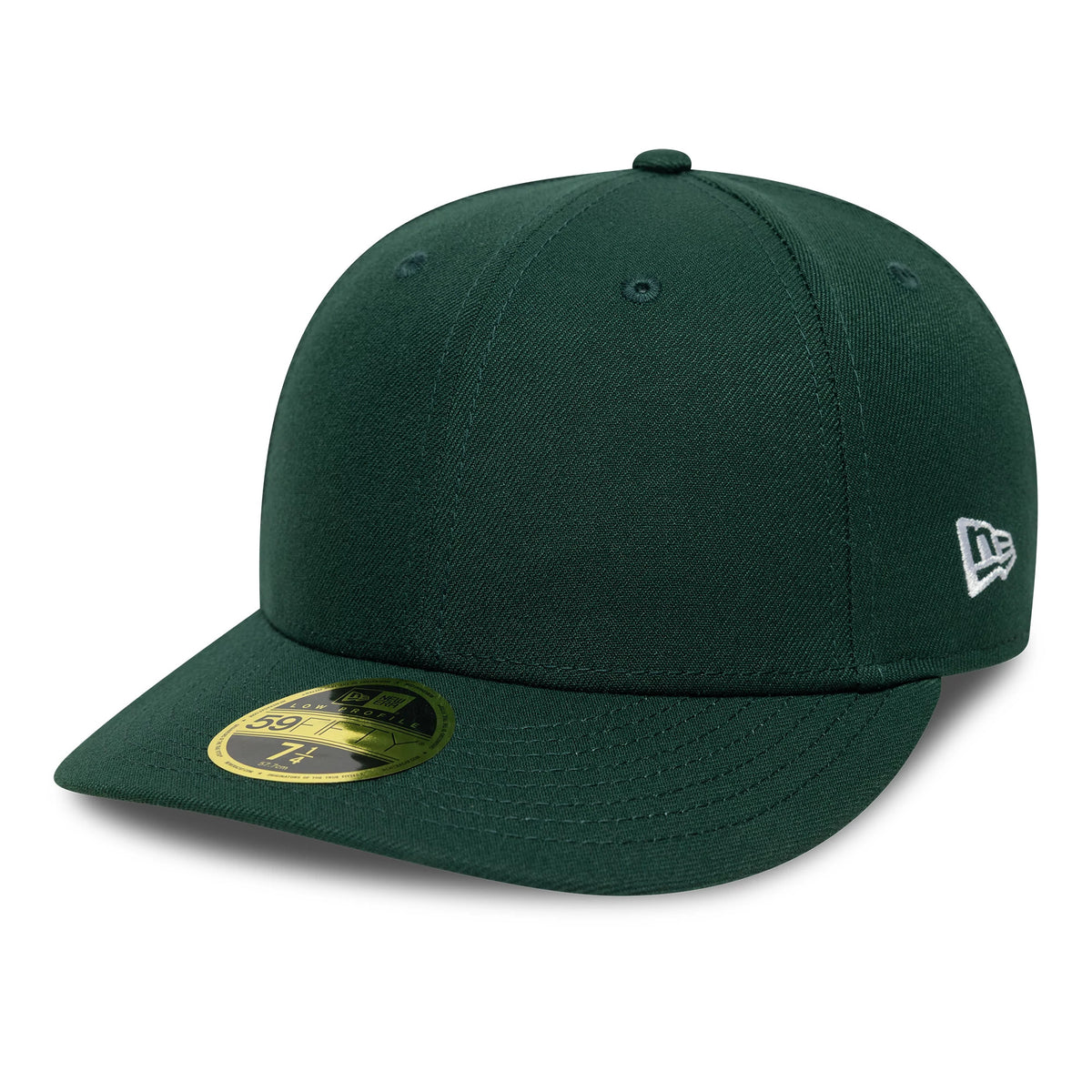 New Era Dark Green Low Profile 59FIFTY Fitted Cap, three-quarter view showing the white embroidered New Era flag logo on the left side, a structured dark green crown, and a flat dark green visor featuring a gold 59FIFTY size sticker.