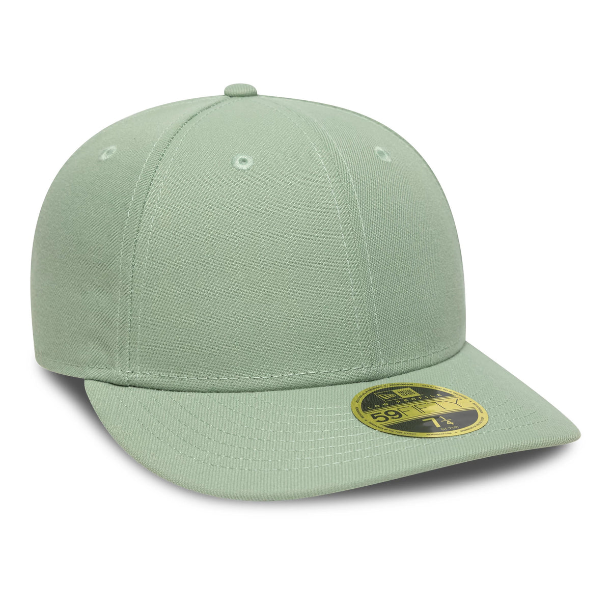 New Era Green Low Profile 59FIFTY Fitted Cap, front view showing a light green structured crown, matching curved visor, and gold 59FIFTY size sticker on the top, with embroidered eyelets and a top button for detailed finishing.