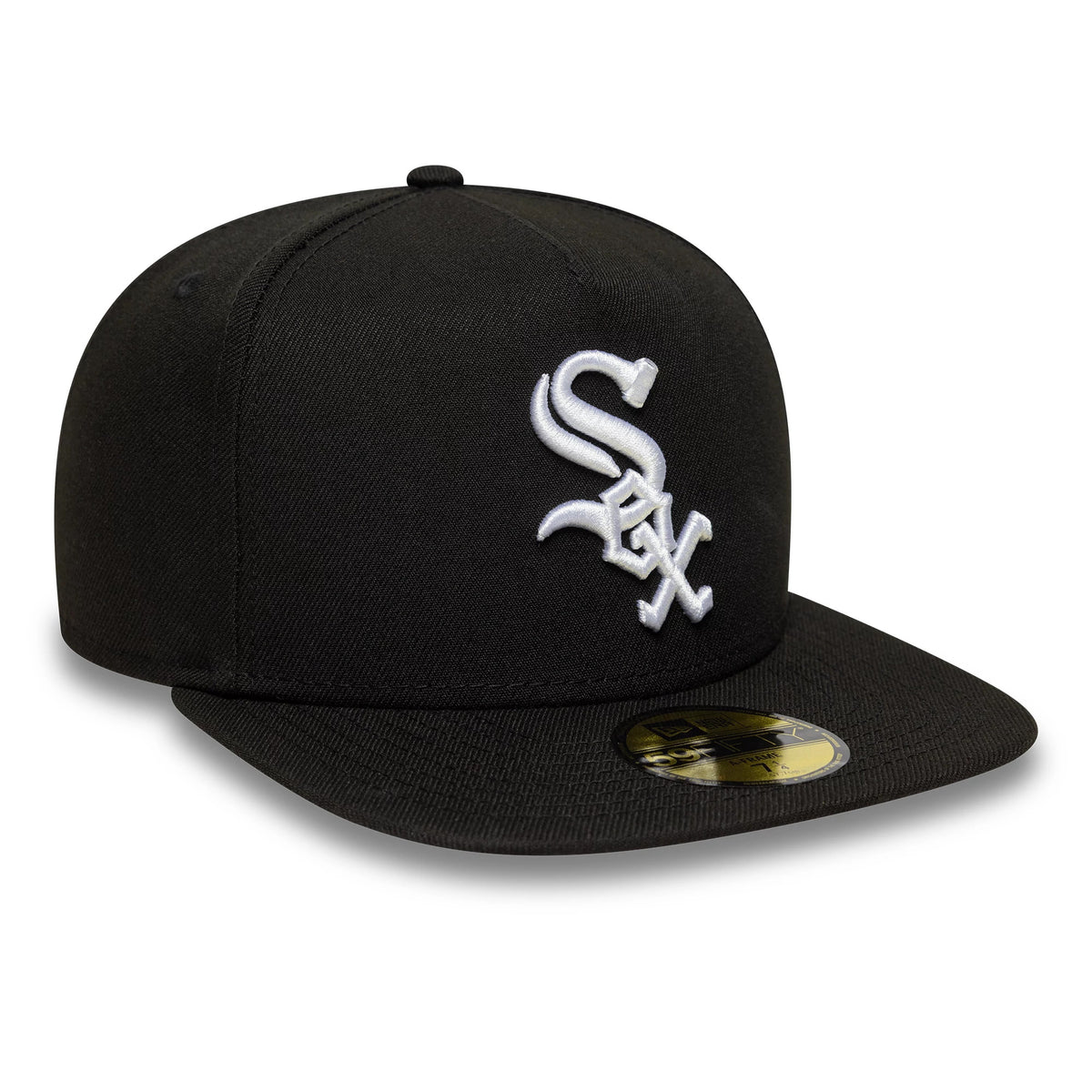 Chicago White Sox MLB Black New Era 59FIFTY A-Frame Fitted Cap, three-quarter view showing the raised white embroidered Sox logo on the front panel, the black flat visor, and the gold 59FIFTY size sticker on the top of the visor.