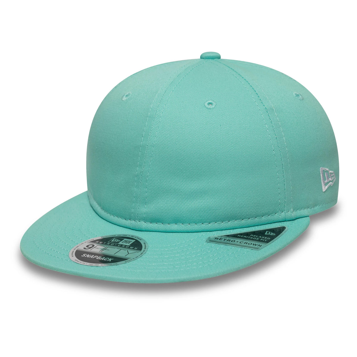 New Era Turquoise Retro Crown 9FIFTY Snapback Adjustable Cap, three-quarter view showing a white embroidered New Era flag logo on the left side, a turquoise visor with a 9FIFTY size sticker, and a structured crown with matching top button.