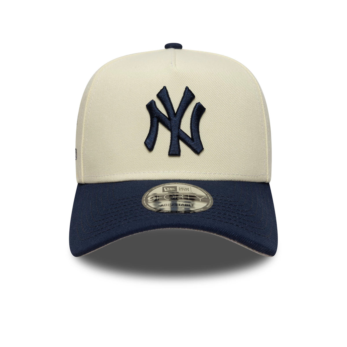 New York Yankees MLB Chrome Blue Contrast Cream New Era 9FORTY A-Frame Adjustable Cap, front view showing the raised embroidered navy NY logo on the cream front panel, with a contrasting navy curved visor featuring the 9FORTY size sticker.