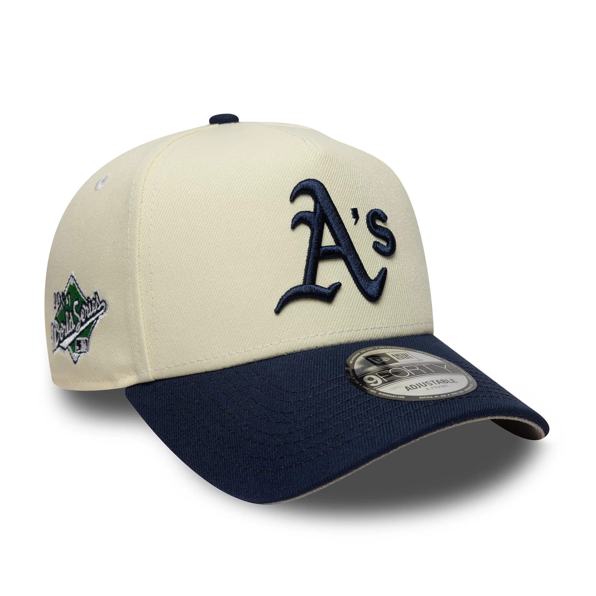 This is a Oakland Athletics MLB Chrome Blue Contrast Cream 9FORTY A-Frame Adjustable Cap 1