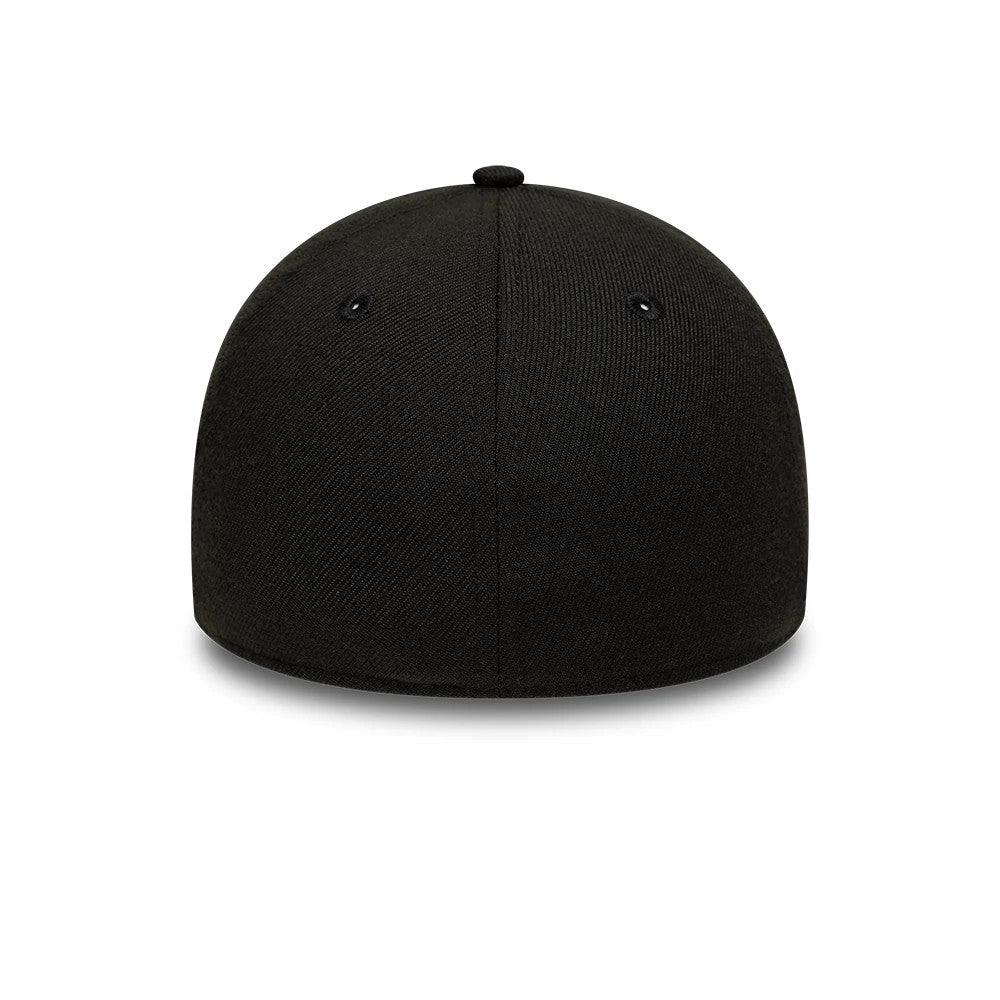 New York Yankees MLB Black New Era 39THIRTY Stretch Fit Cap, rear view showing the black crown with no logos, accented by two black eyelets and a central top button, creating a and minimalist design.