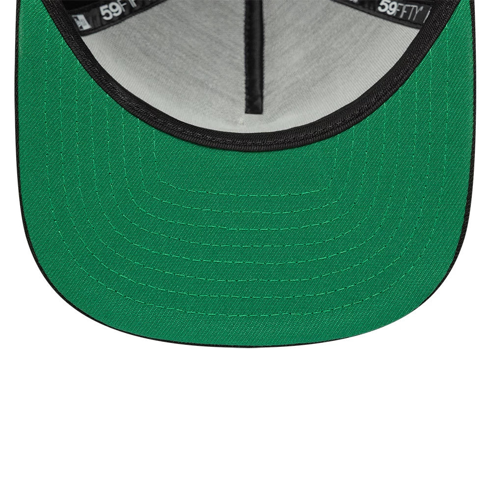 New Era Black 59FIFTY Fitted A-Frame Cap, inside view showing a green undervisor with detailed stitching, a grey sweatband lining the crown, and branded taping marked with 59FIFTY logos around the interior.