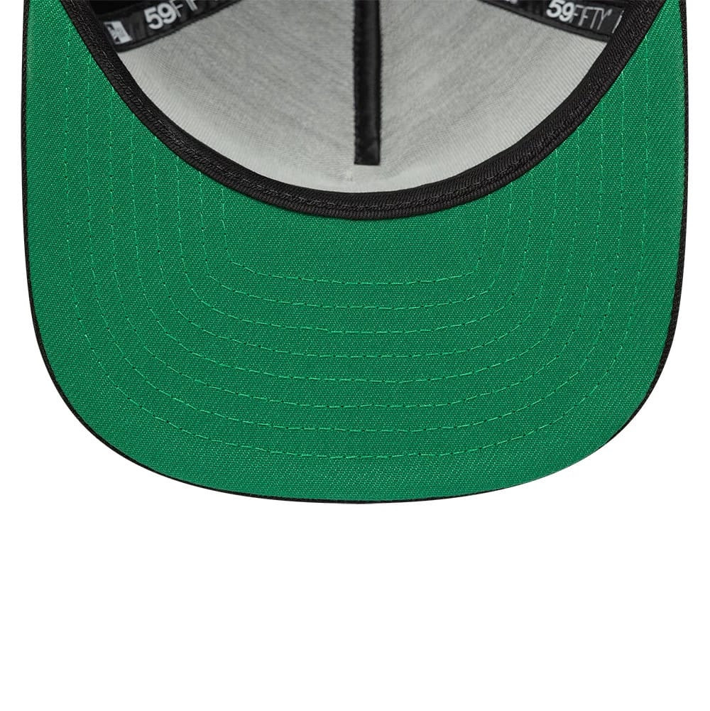 New Era Black 59FIFTY Fitted A-Frame Cap, inside view showing a green undervisor with detailed stitching, a grey sweatband lining the crown, and branded taping marked with 59FIFTY logos around the interior.
